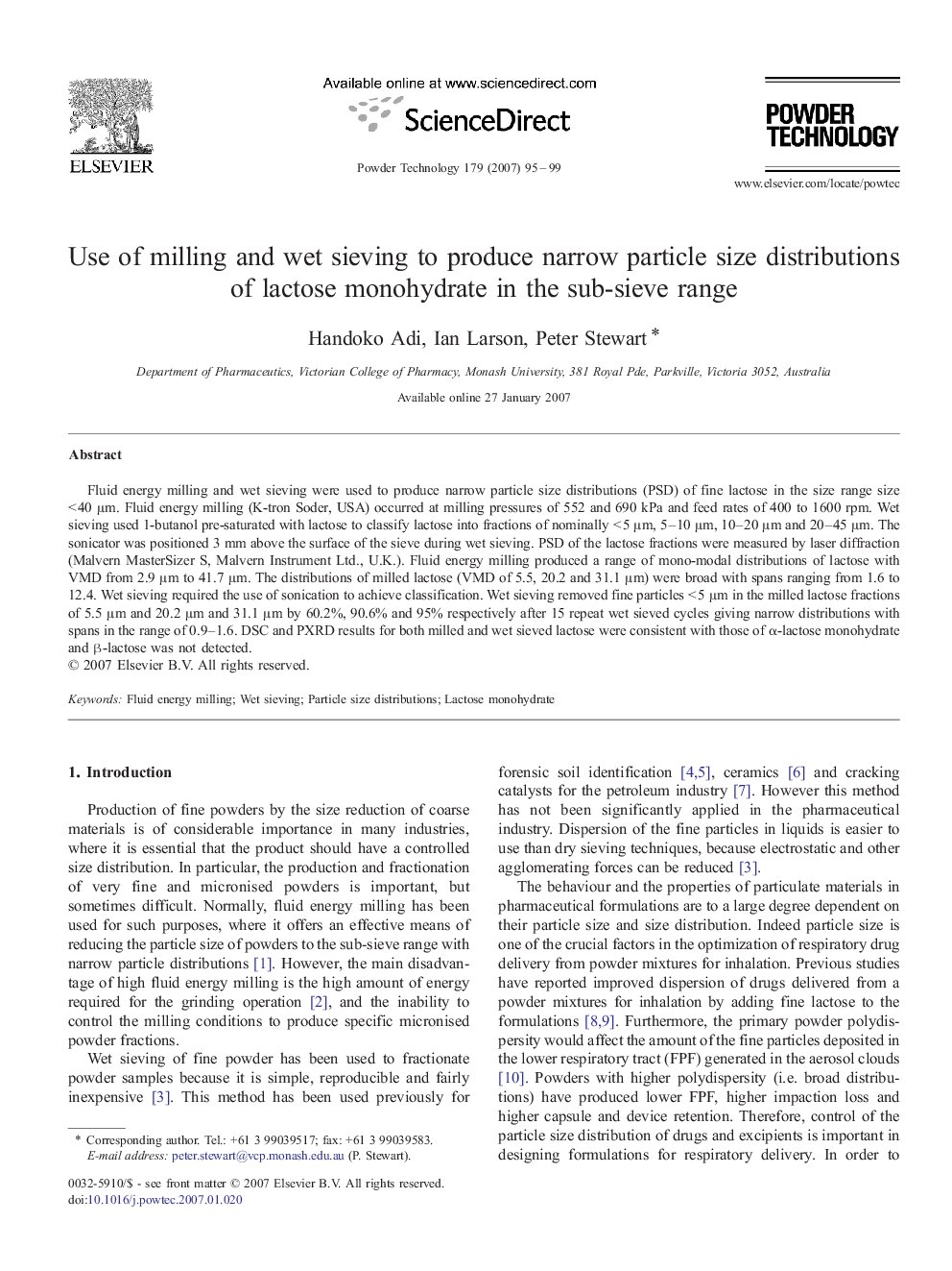 Use of milling and wet sieving to produce narrow particle size distributions of lactose monohydrate in the sub-sieve range