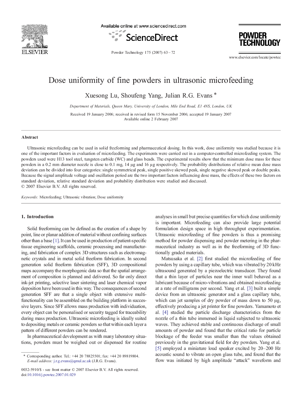 Dose uniformity of fine powders in ultrasonic microfeeding