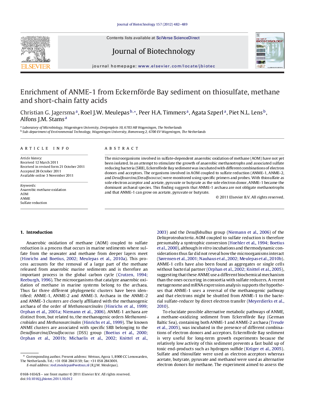 Enrichment of ANME-1 from Eckernförde Bay sediment on thiosulfate, methane and short-chain fatty acids