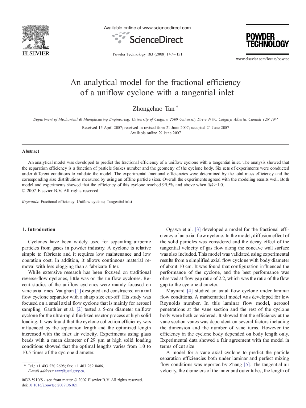 An analytical model for the fractional efficiency of a uniflow cyclone with a tangential inlet