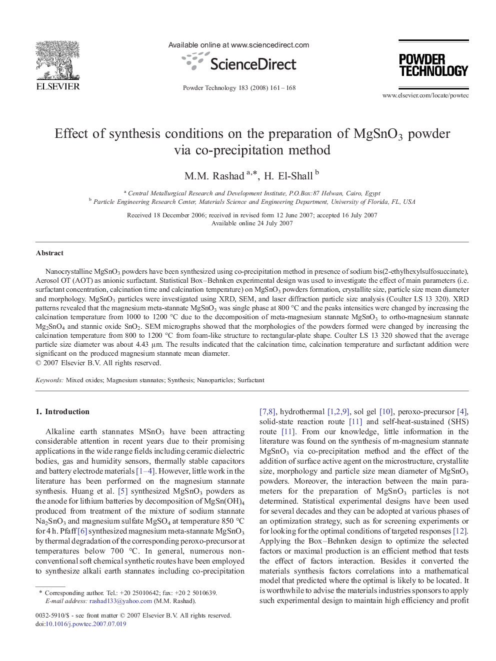 Effect of synthesis conditions on the preparation of MgSnO3 powder via co-precipitation method