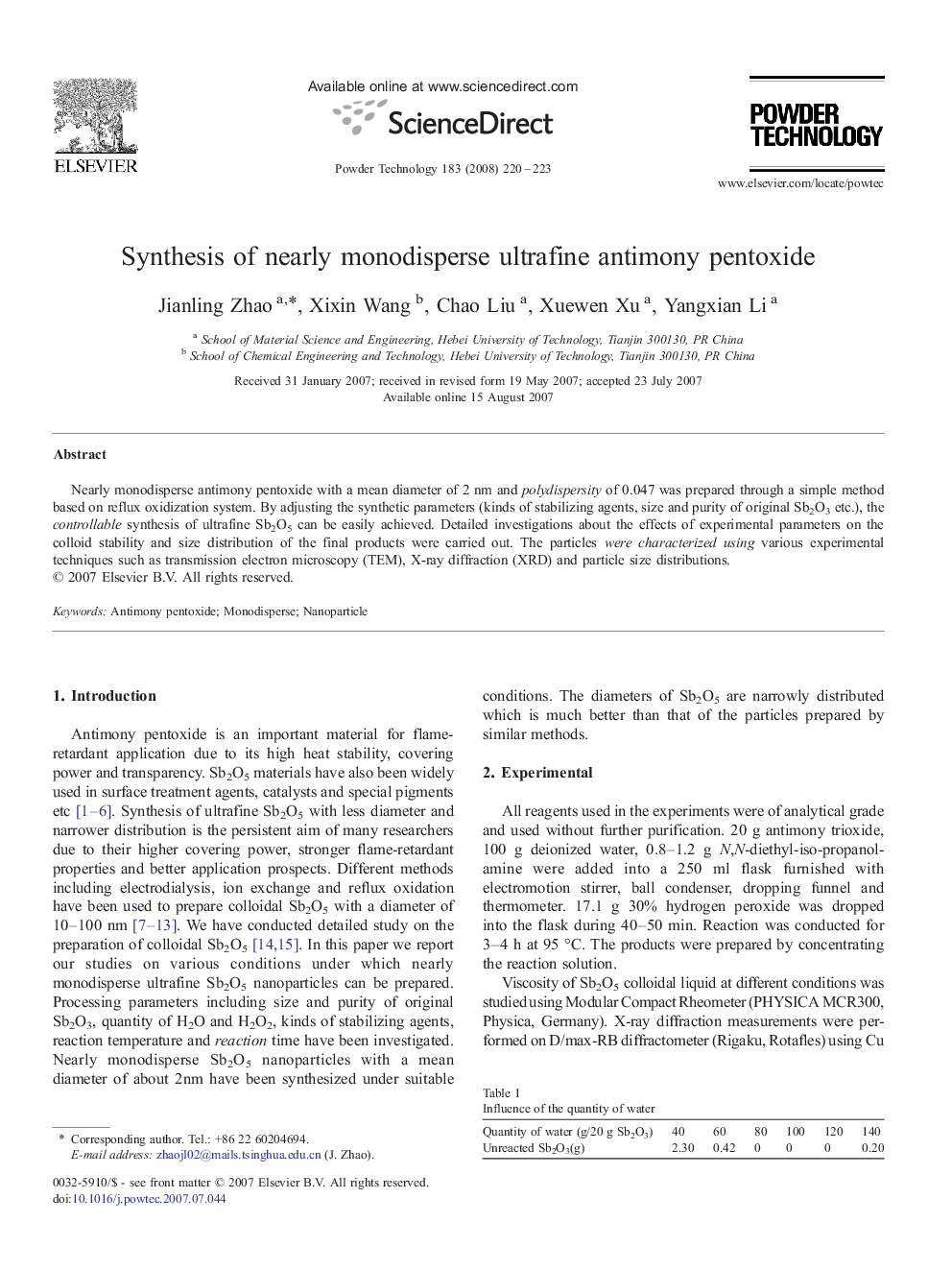 Synthesis of nearly monodisperse ultrafine antimony pentoxide