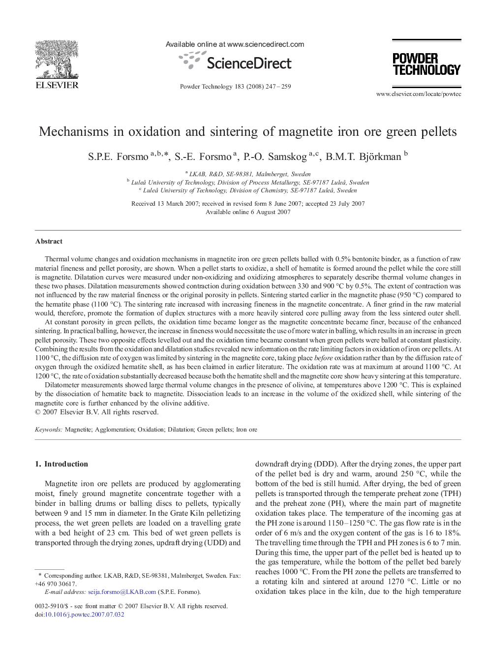 Mechanisms in oxidation and sintering of magnetite iron ore green pellets