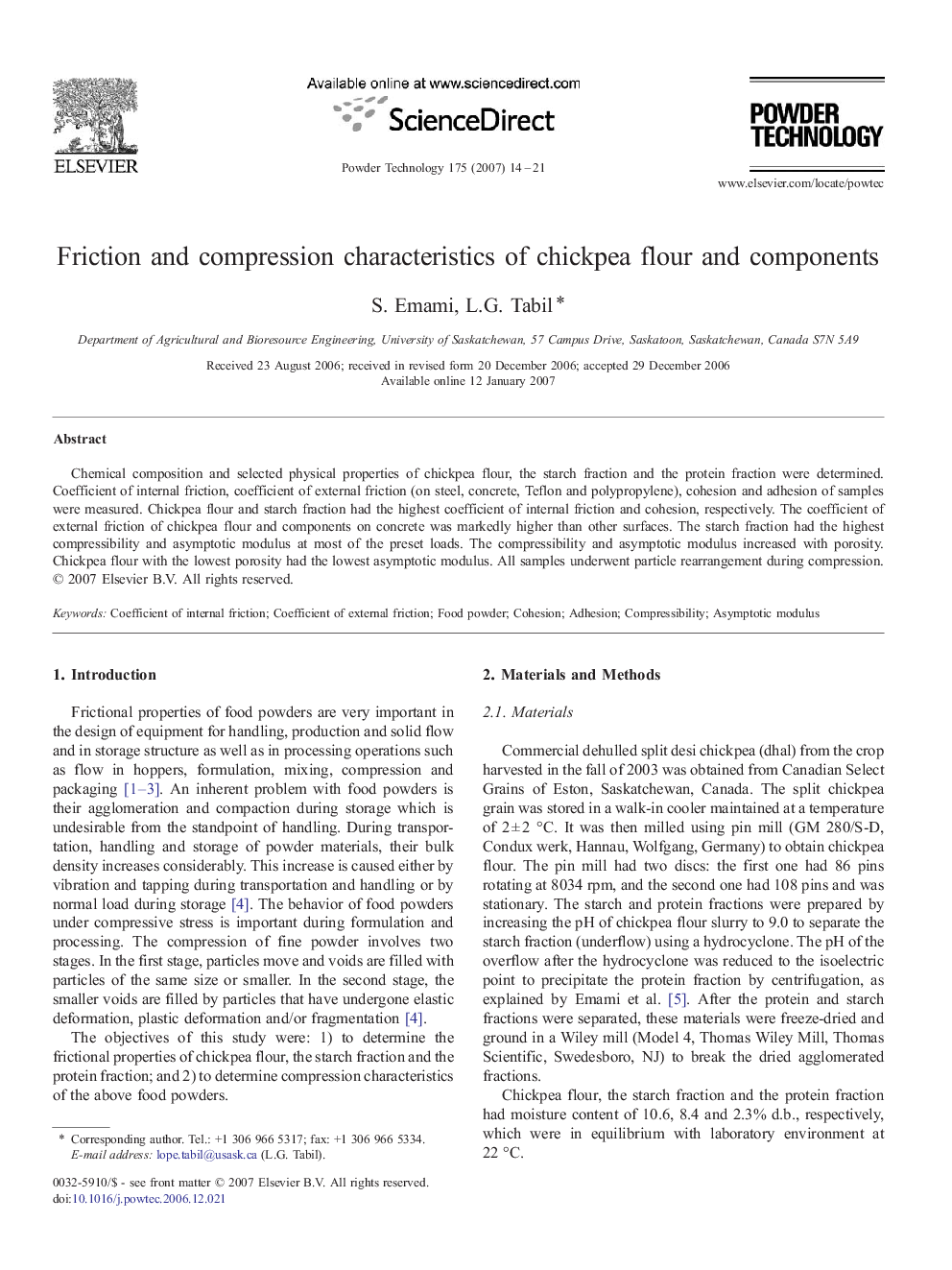 Friction and compression characteristics of chickpea flour and components