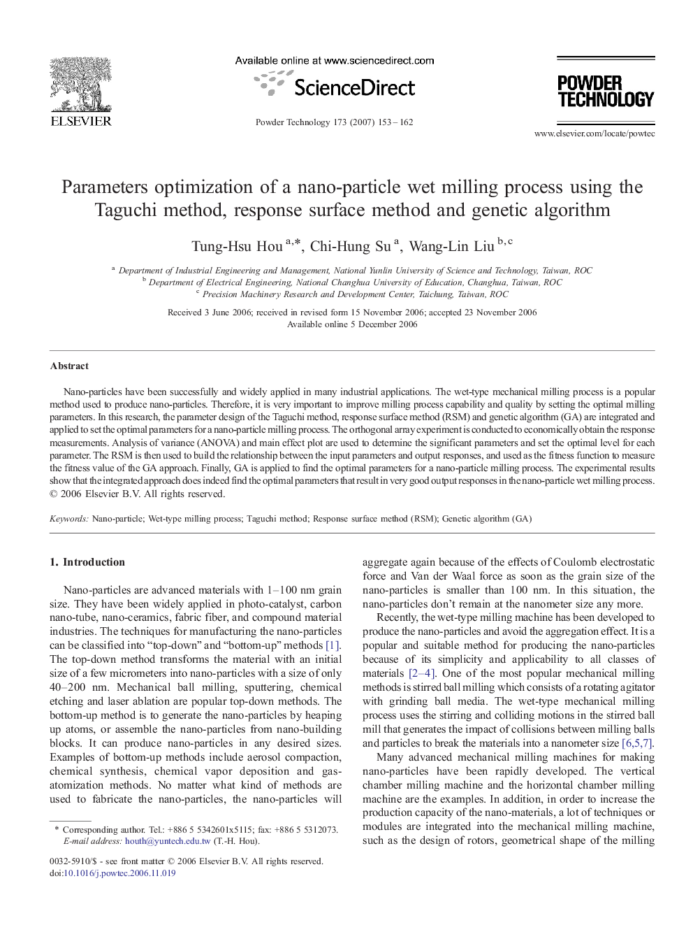 Parameters optimization of a nano-particle wet milling process using the Taguchi method, response surface method and genetic algorithm