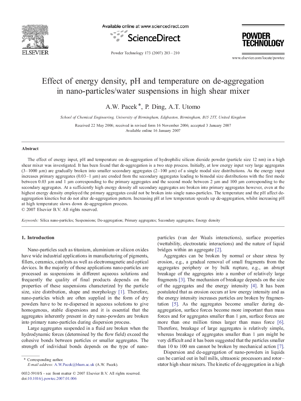 Effect of energy density, pH and temperature on de-aggregation in nano-particles/water suspensions in high shear mixer