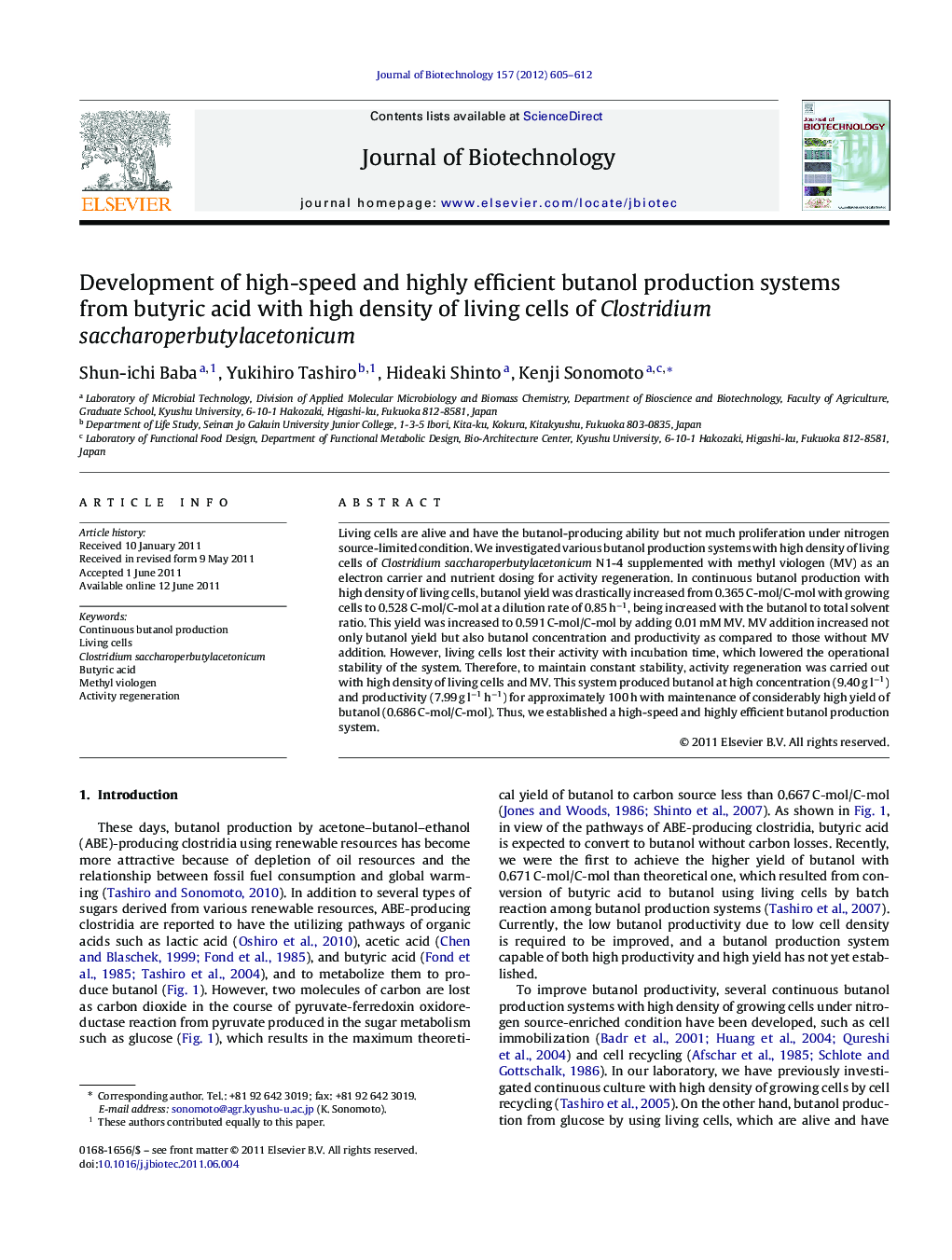 Development of high-speed and highly efficient butanol production systems from butyric acid with high density of living cells of Clostridium saccharoperbutylacetonicum