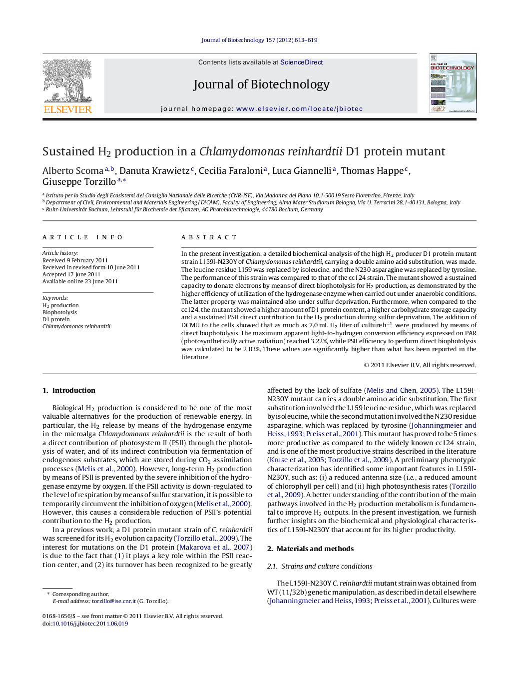 Sustained H2 production in a Chlamydomonas reinhardtii D1 protein mutant