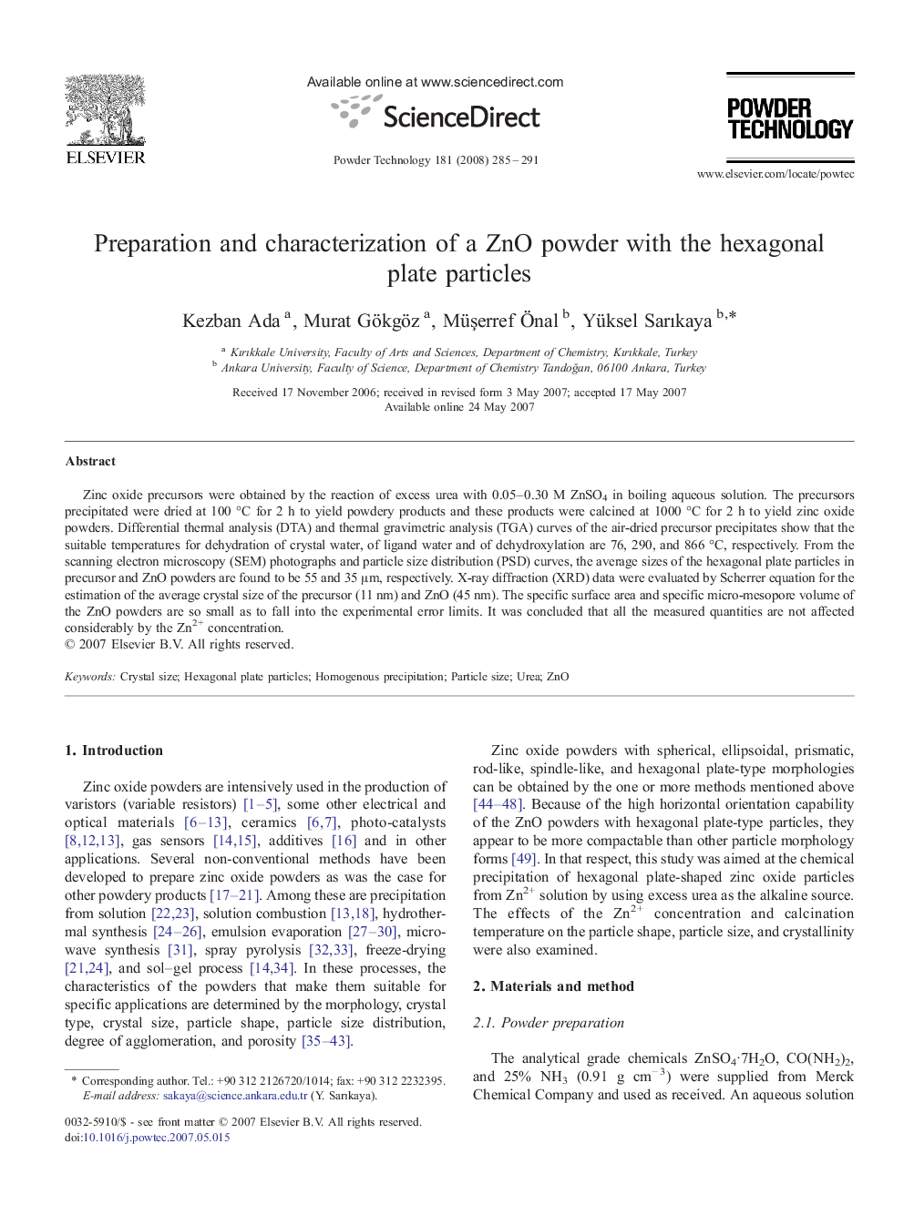 Preparation and characterization of a ZnO powder with the hexagonal plate particles