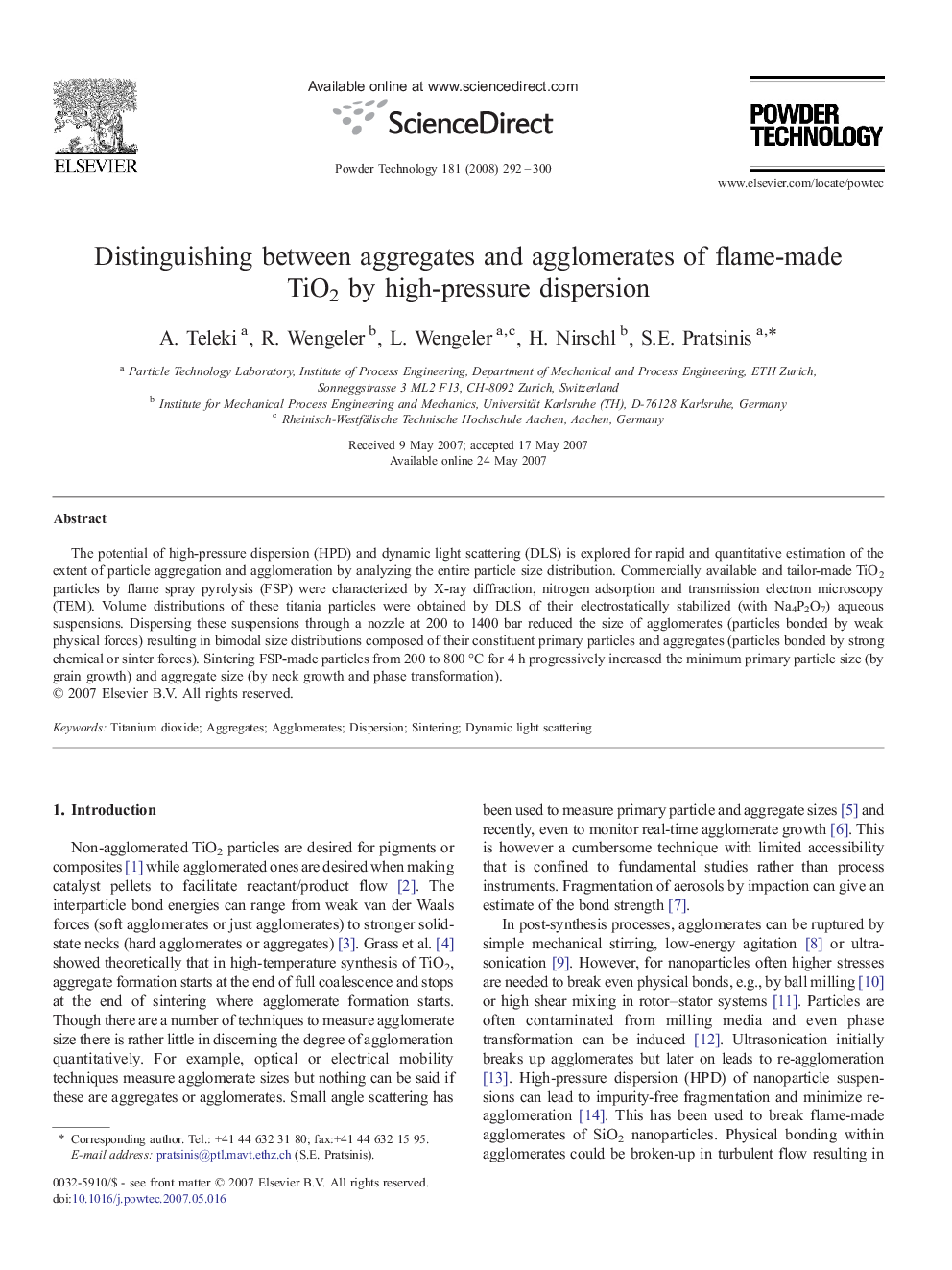 Distinguishing between aggregates and agglomerates of flame-made TiO2 by high-pressure dispersion