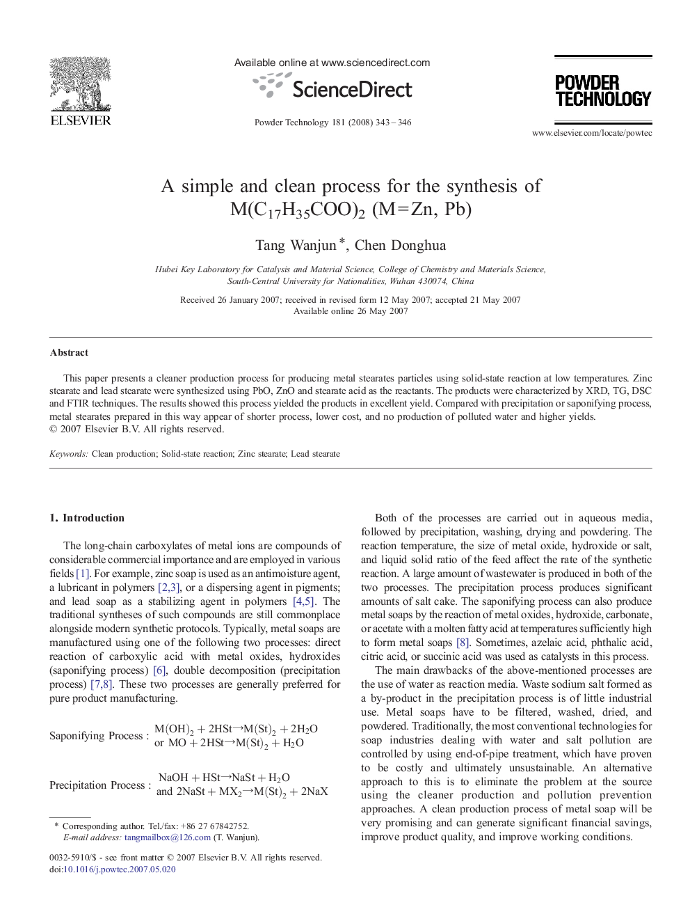 A simple and clean process for the synthesis of M(C17H35COO)2 (M = Zn, Pb)