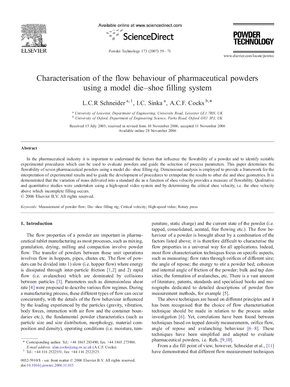 Characterisation of the flow behaviour of pharmaceutical powders using a model die–shoe filling system