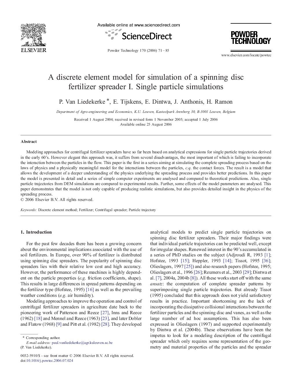 A discrete element model for simulation of a spinning disc fertilizer spreader I. Single particle simulations