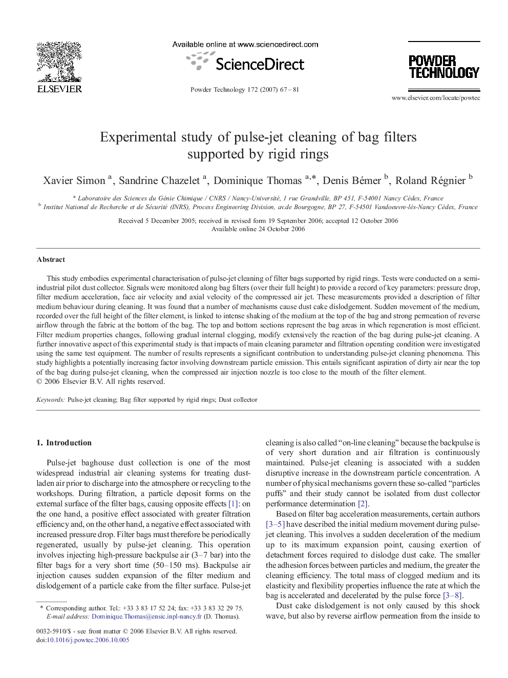 Experimental study of pulse-jet cleaning of bag filters supported by rigid rings