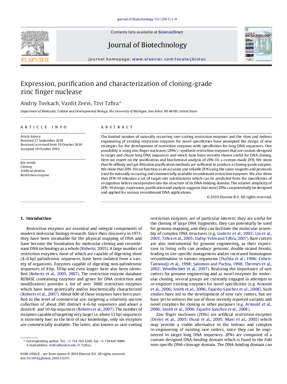 Expression, purification and characterization of cloning-grade zinc finger nuclease