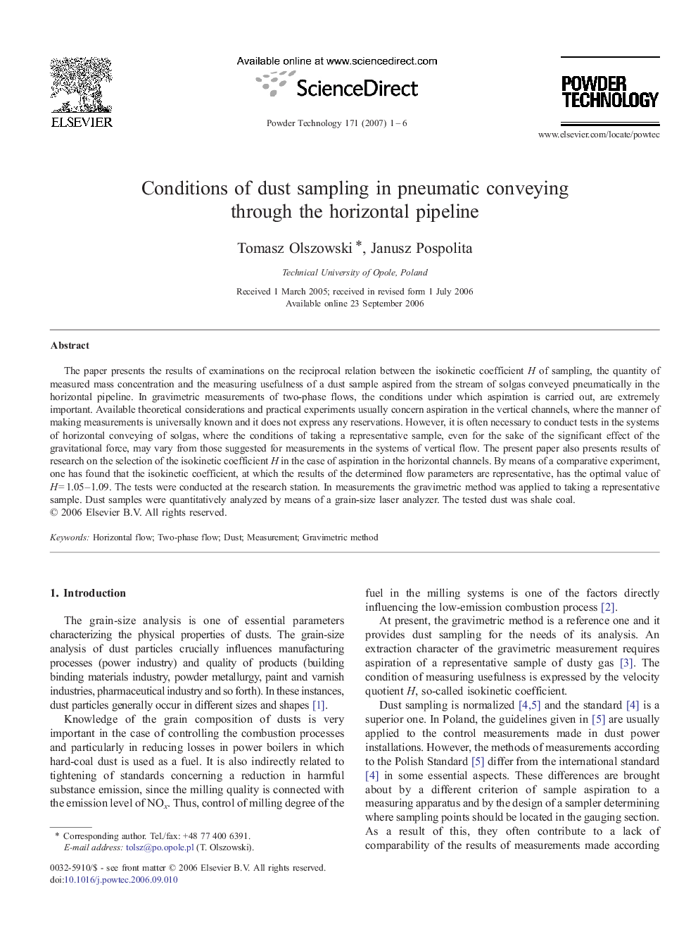 Conditions of dust sampling in pneumatic conveying through the horizontal pipeline