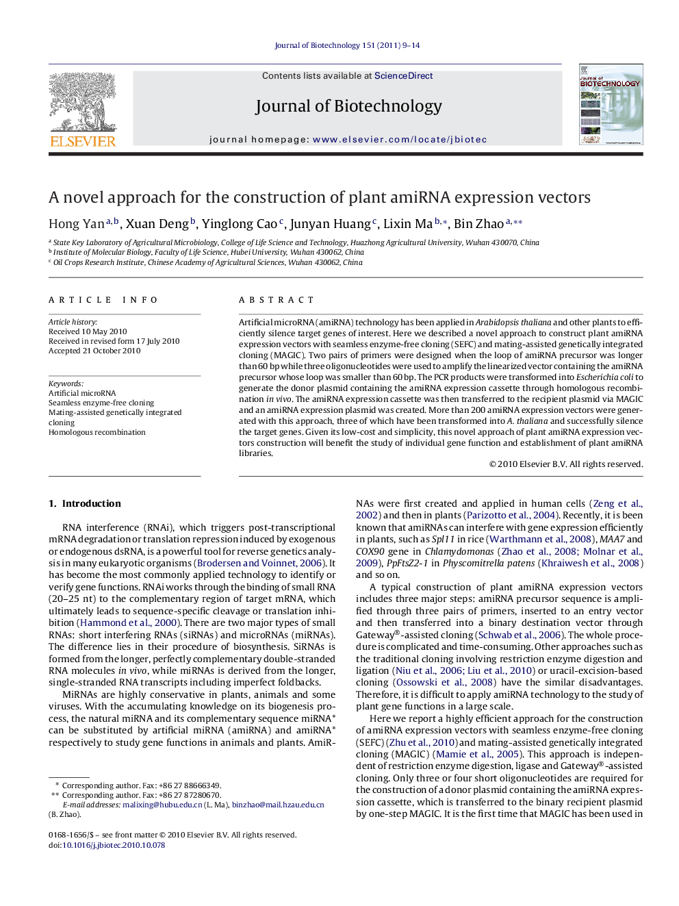 A novel approach for the construction of plant amiRNA expression vectors