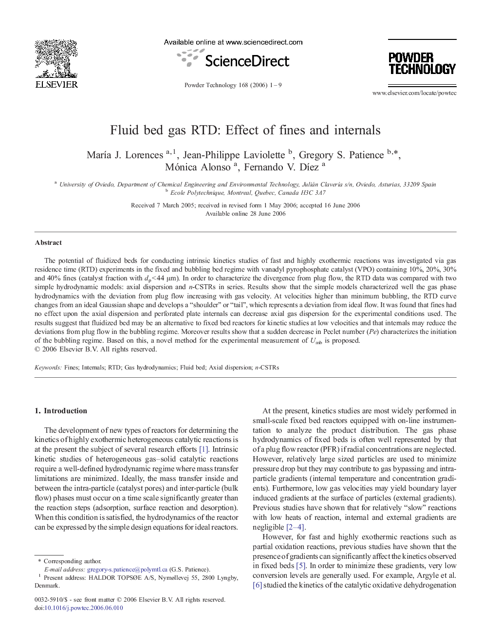 Fluid bed gas RTD: Effect of fines and internals