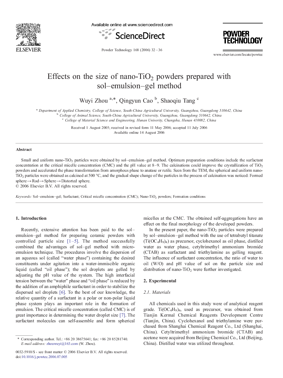 Effects on the size of nano-TiO2 powders prepared with sol–emulsion–gel method