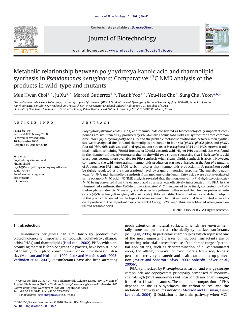 Metabolic relationship between polyhydroxyalkanoic acid and rhamnolipid synthesis in Pseudomonas aeruginosa: Comparative 13C NMR analysis of the products in wild-type and mutants