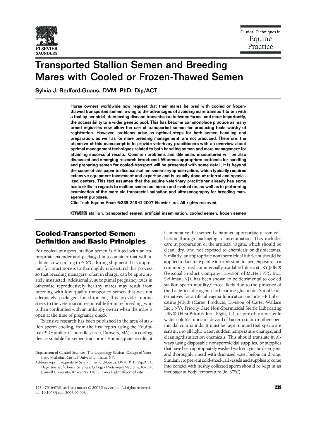 Transported Stallion Semen and Breeding Mares with Cooled or Frozen-Thawed Semen