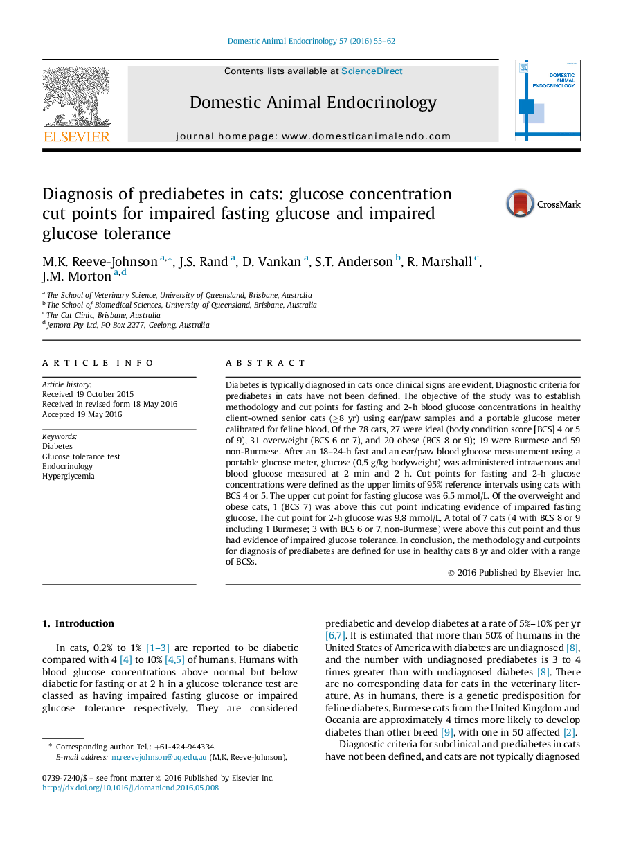 Diagnosis of prediabetes in cats: glucose concentration cut points for impaired fasting glucose and impaired glucose tolerance