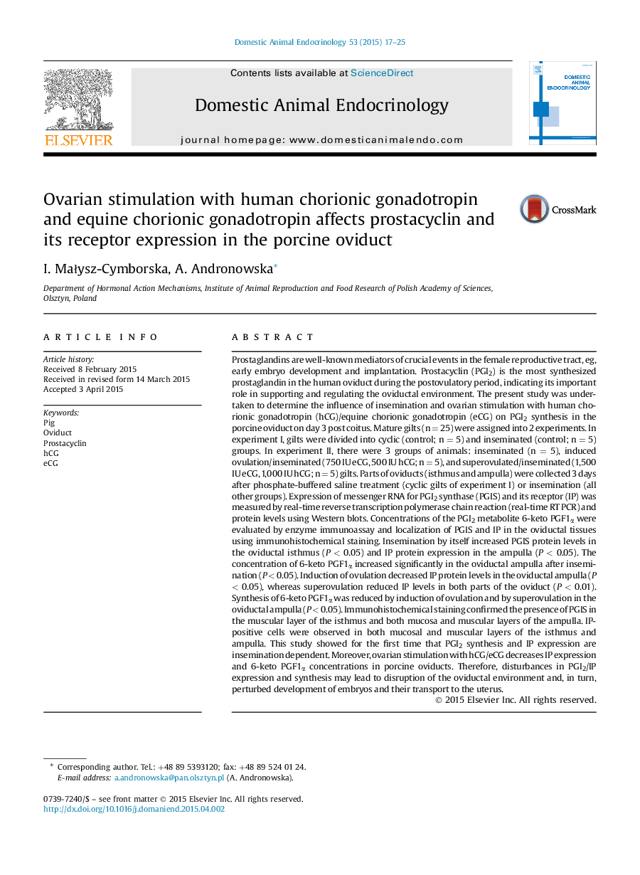 Ovarian stimulation with human chorionic gonadotropin and equine chorionic gonadotropin affects prostacyclin and its receptor expression in the porcine oviduct