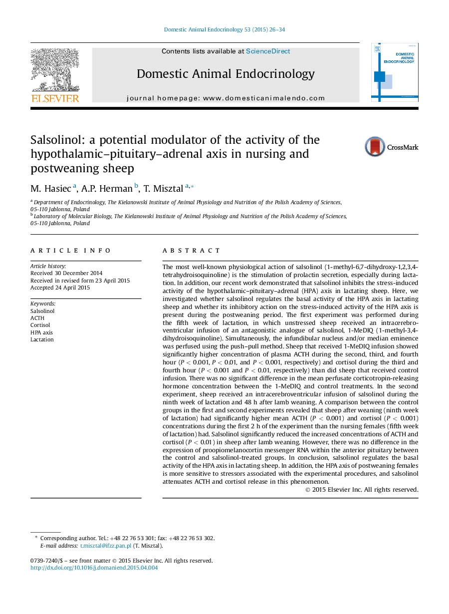 Salsolinol: a potential modulator of the activity of the hypothalamic–pituitary–adrenal axis in nursing and postweaning sheep