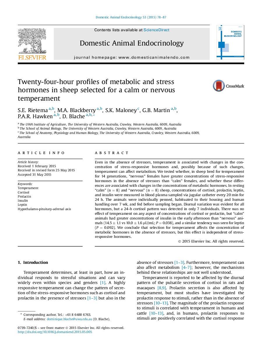 Twenty-four-hour profiles of metabolic and stress hormones in sheep selected for a calm or nervous temperament
