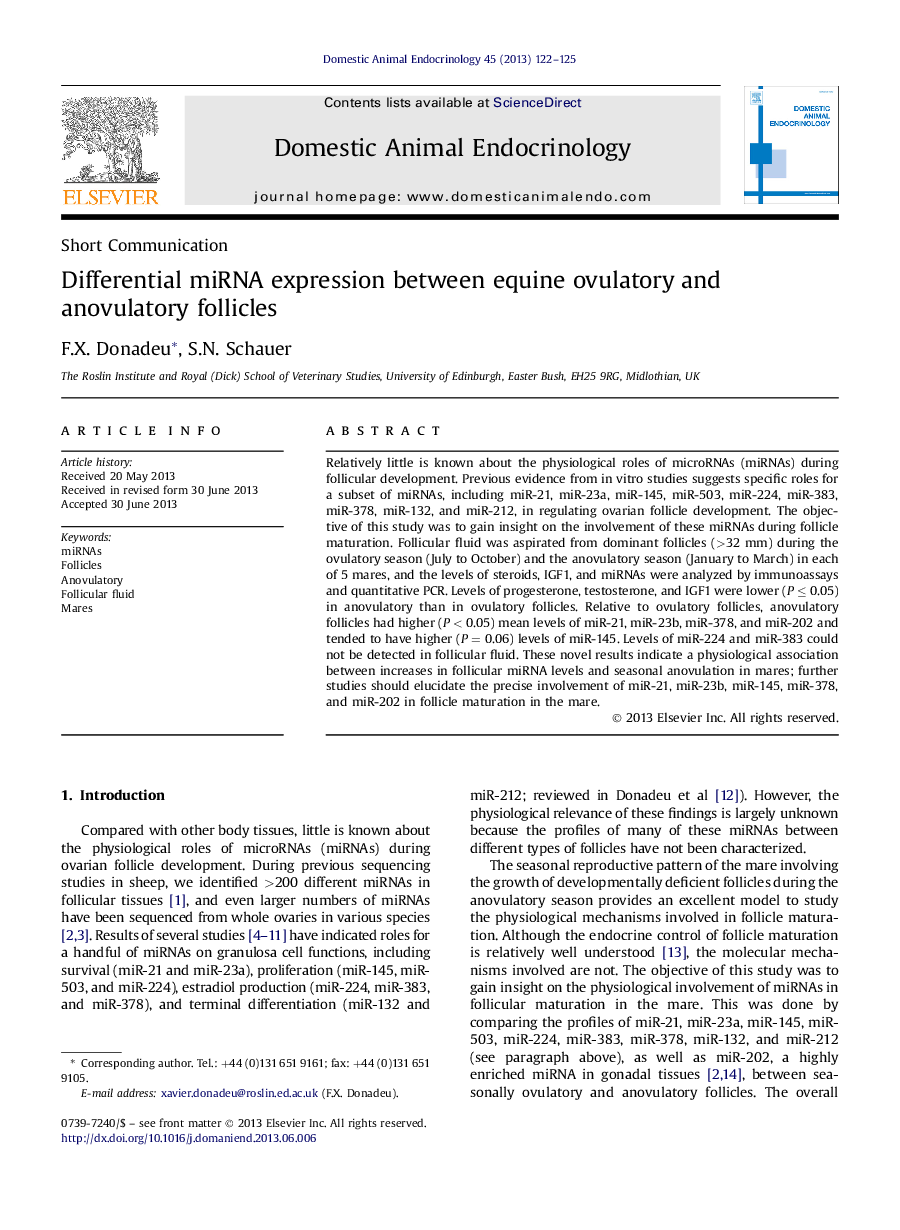 Differential miRNA expression between equine ovulatory and anovulatory follicles