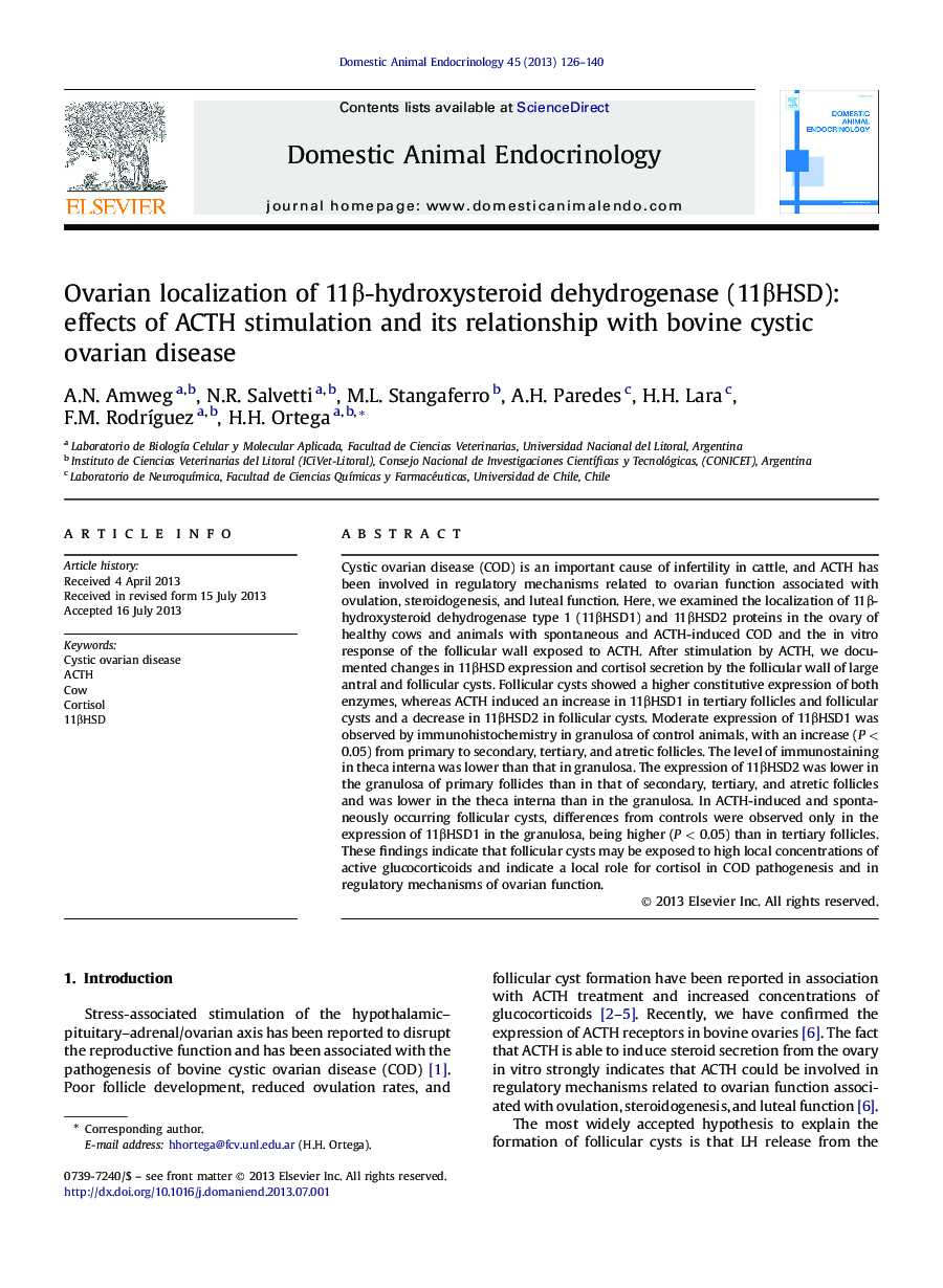 Ovarian localization of 11β-hydroxysteroid dehydrogenase (11βHSD): effects of ACTH stimulation and its relationship with bovine cystic ovarian disease