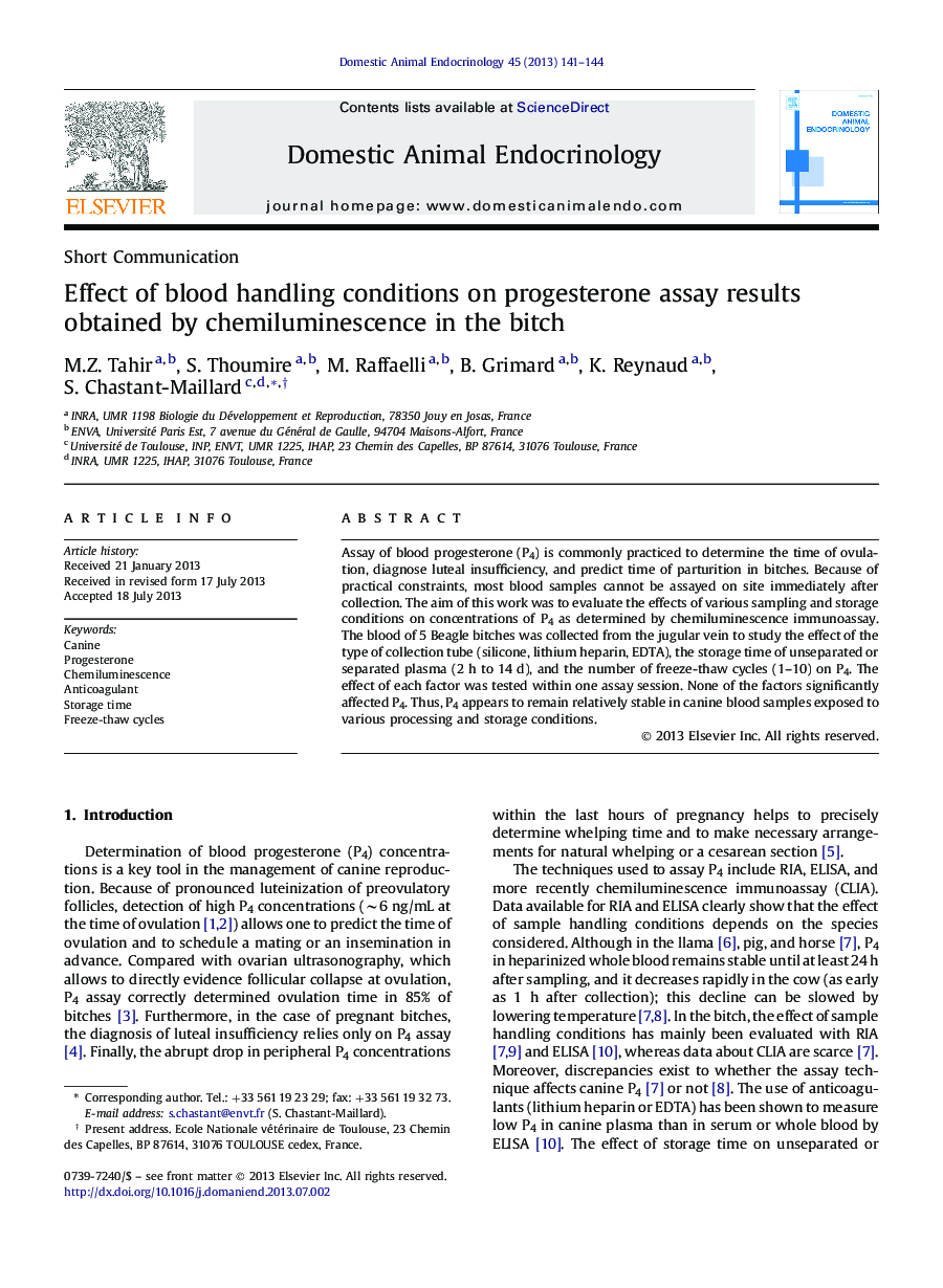 Effect of blood handling conditions on progesterone assay results obtained by chemiluminescence in the bitch