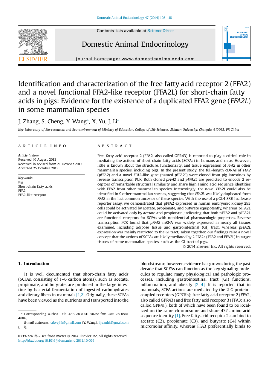 Identification and characterization of the free fatty acid receptor 2 (FFA2) and a novel functional FFA2-like receptor (FFA2L) for short-chain fatty acids in pigs: Evidence for the existence of a duplicated FFA2 gene (FFA2L) in some mammalian species