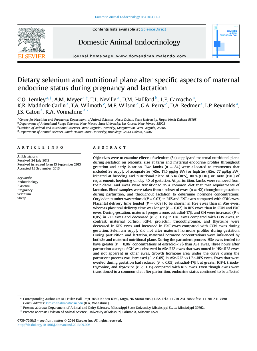 Dietary selenium and nutritional plane alter specific aspects of maternal endocrine status during pregnancy and lactation