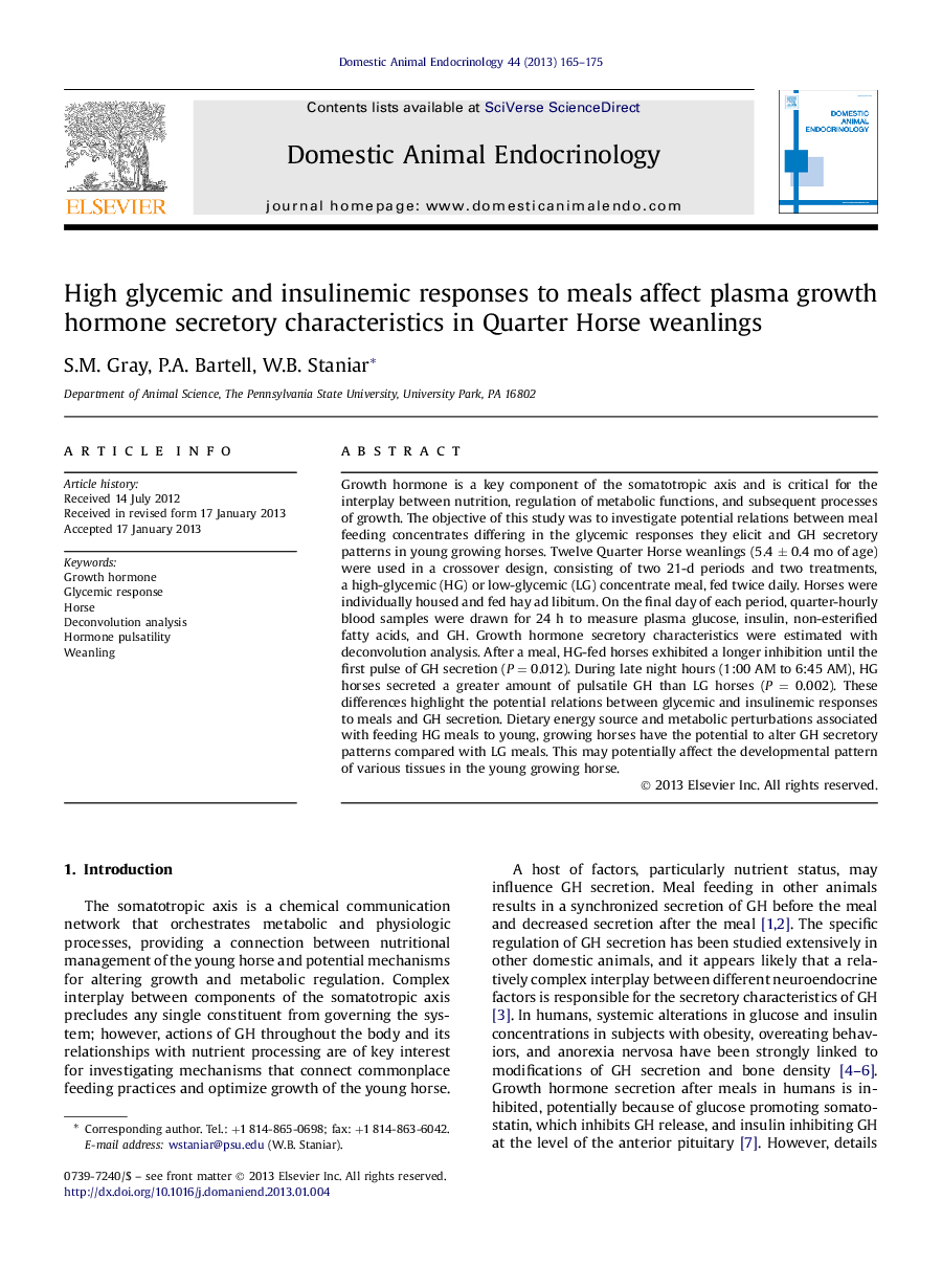 High glycemic and insulinemic responses to meals affect plasma growth hormone secretory characteristics in Quarter Horse weanlings