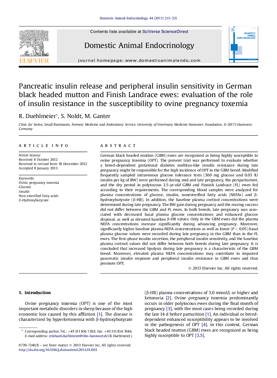Pancreatic insulin release and peripheral insulin sensitivity in German black headed mutton and Finish Landrace ewes: evaluation of the role of insulin resistance in the susceptibility to ovine pregnancy toxemia