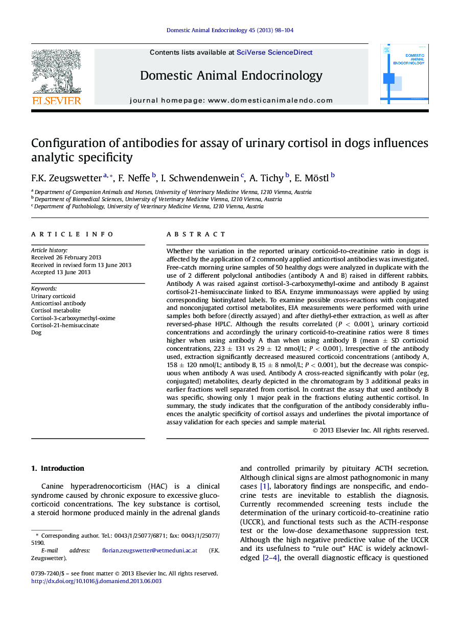 عکس صفحه اول مقاله: Configuration of antibodies for assay of urinary cortisol in dogs influences analytic specificity Configuration of antibodies for assay of urinary cortisol in dogs influences analytic specificity