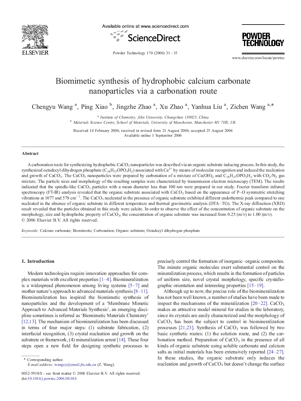 Biomimetic synthesis of hydrophobic calcium carbonate nanoparticles via a carbonation route