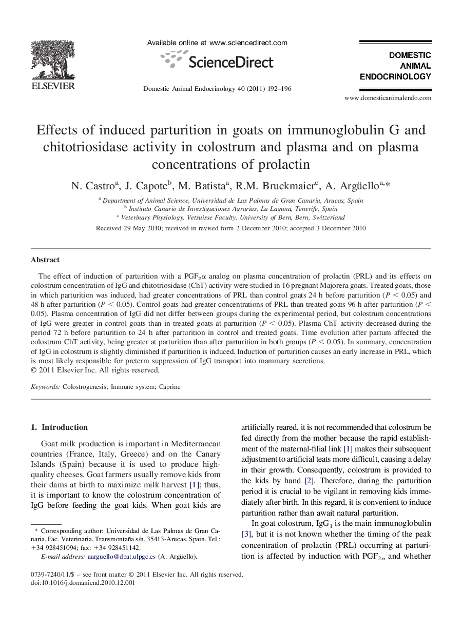 Effects of induced parturition in goats on immunoglobulin G and chitotriosidase activity in colostrum and plasma and on plasma concentrations of prolactin