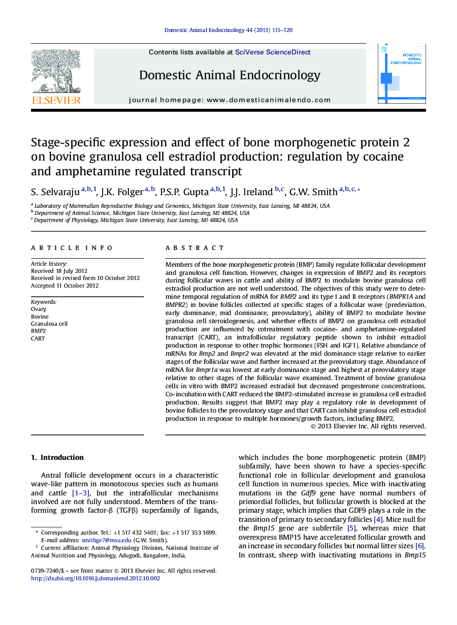 Stage-specific expression and effect of bone morphogenetic protein 2 on bovine granulosa cell estradiol production: regulation by cocaine and amphetamine regulated transcript