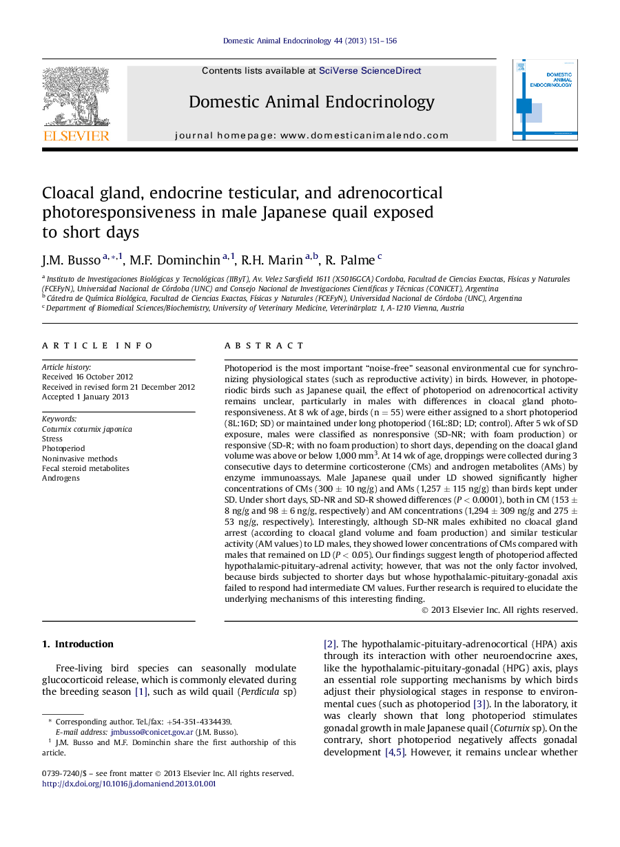 Cloacal gland, endocrine testicular, and adrenocortical photoresponsiveness in male Japanese quail exposed to short days