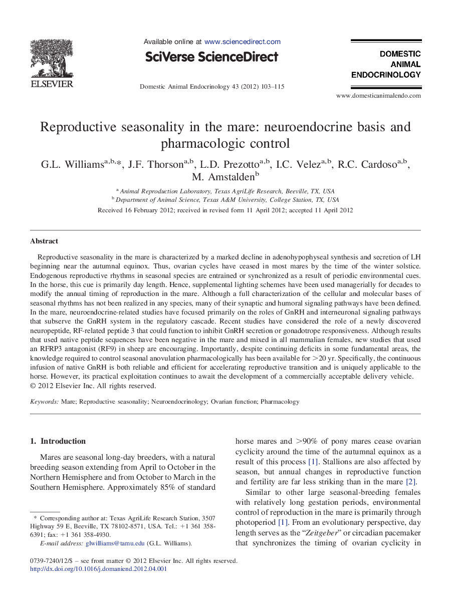 Reproductive seasonality in the mare: neuroendocrine basis and pharmacologic control