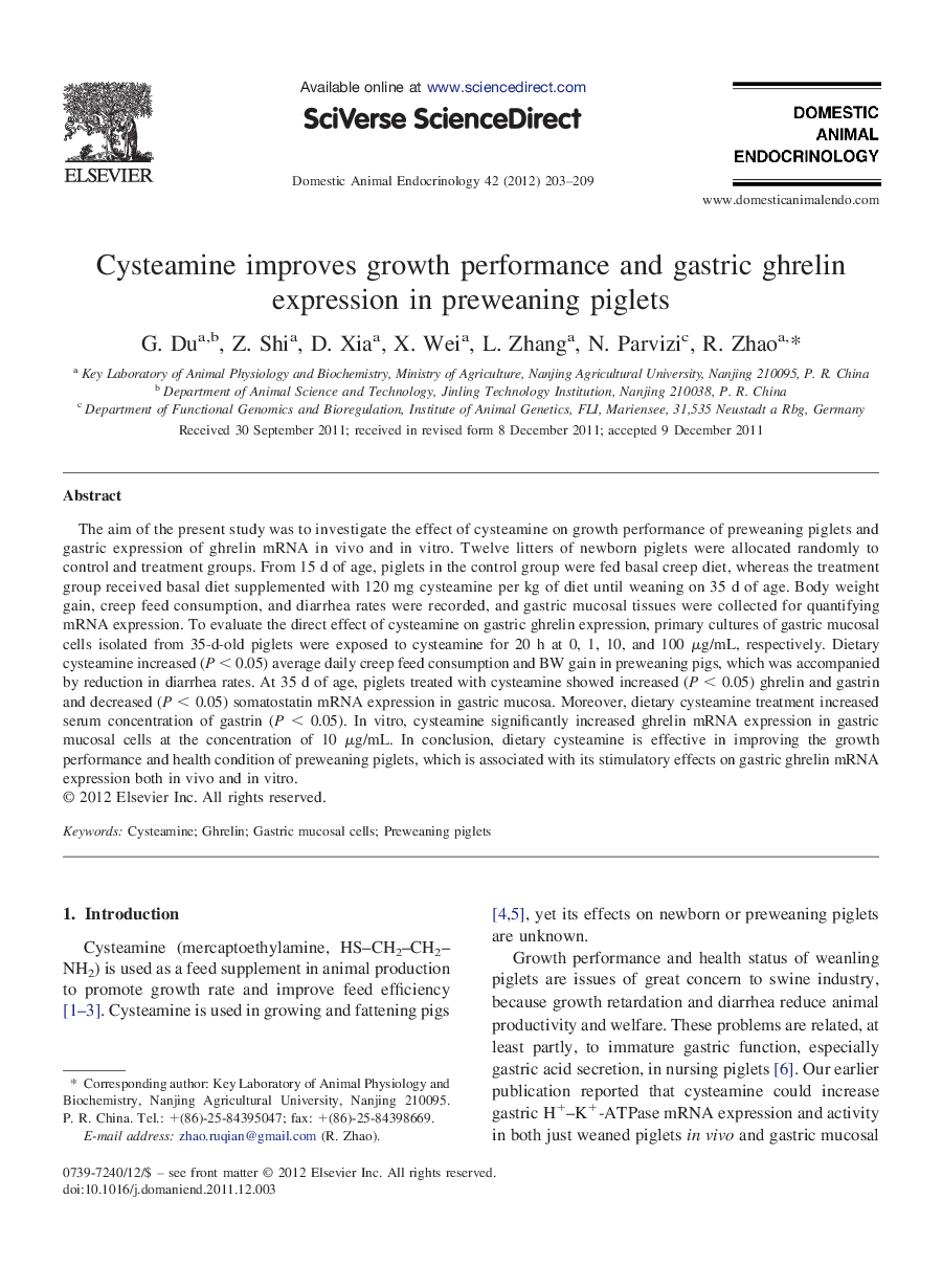 Cysteamine improves growth performance and gastric ghrelin expression in preweaning piglets