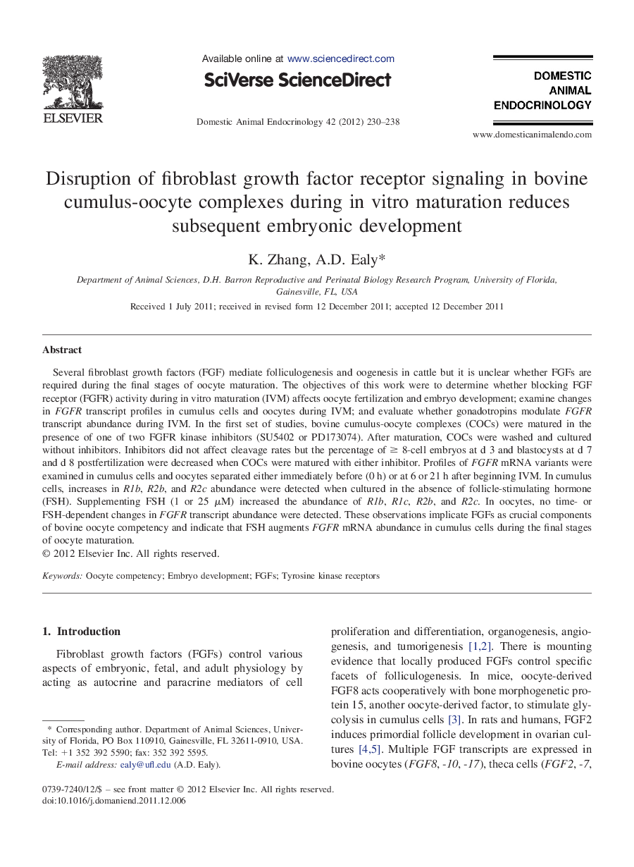 Disruption of fibroblast growth factor receptor signaling in bovine cumulus-oocyte complexes during in vitro maturation reduces subsequent embryonic development