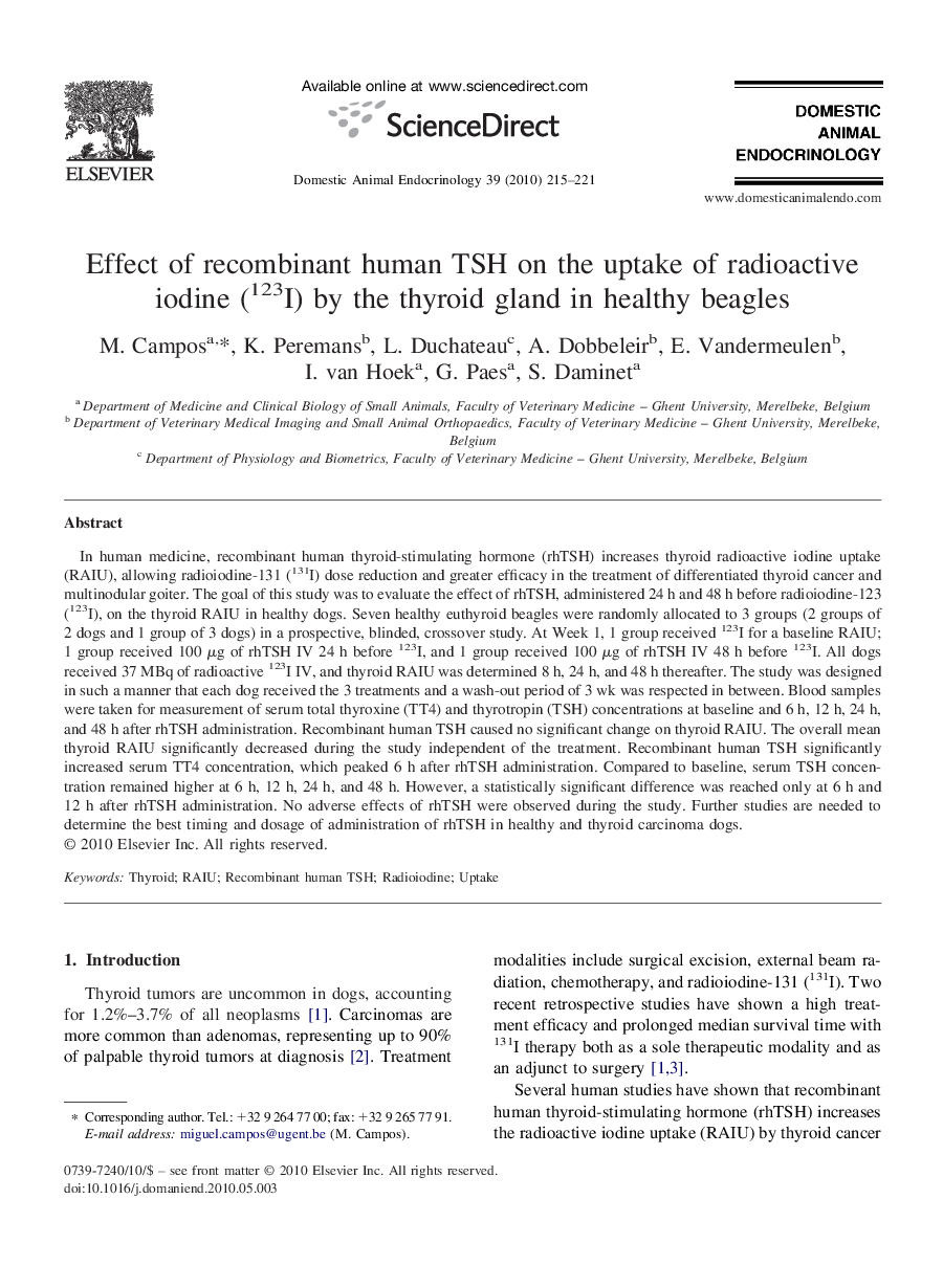 Effect of recombinant human TSH on the uptake of radioactive iodine (123I) by the thyroid gland in healthy beagles