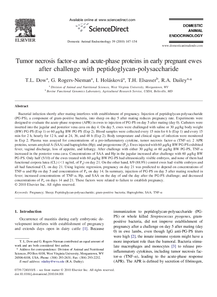 Tumor necrosis factor-α and acute-phase proteins in early pregnant ewes after challenge with peptidoglycan-polysaccharide 