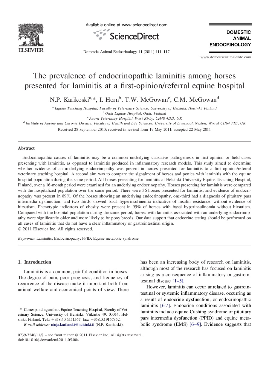 The prevalence of endocrinopathic laminitis among horses presented for laminitis at a first-opinion/referral equine hospital