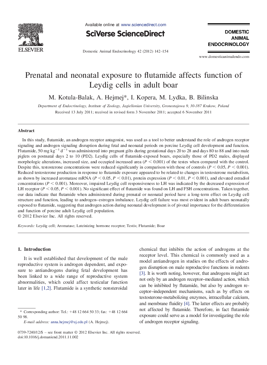 Prenatal and neonatal exposure to flutamide affects function of Leydig cells in adult boar