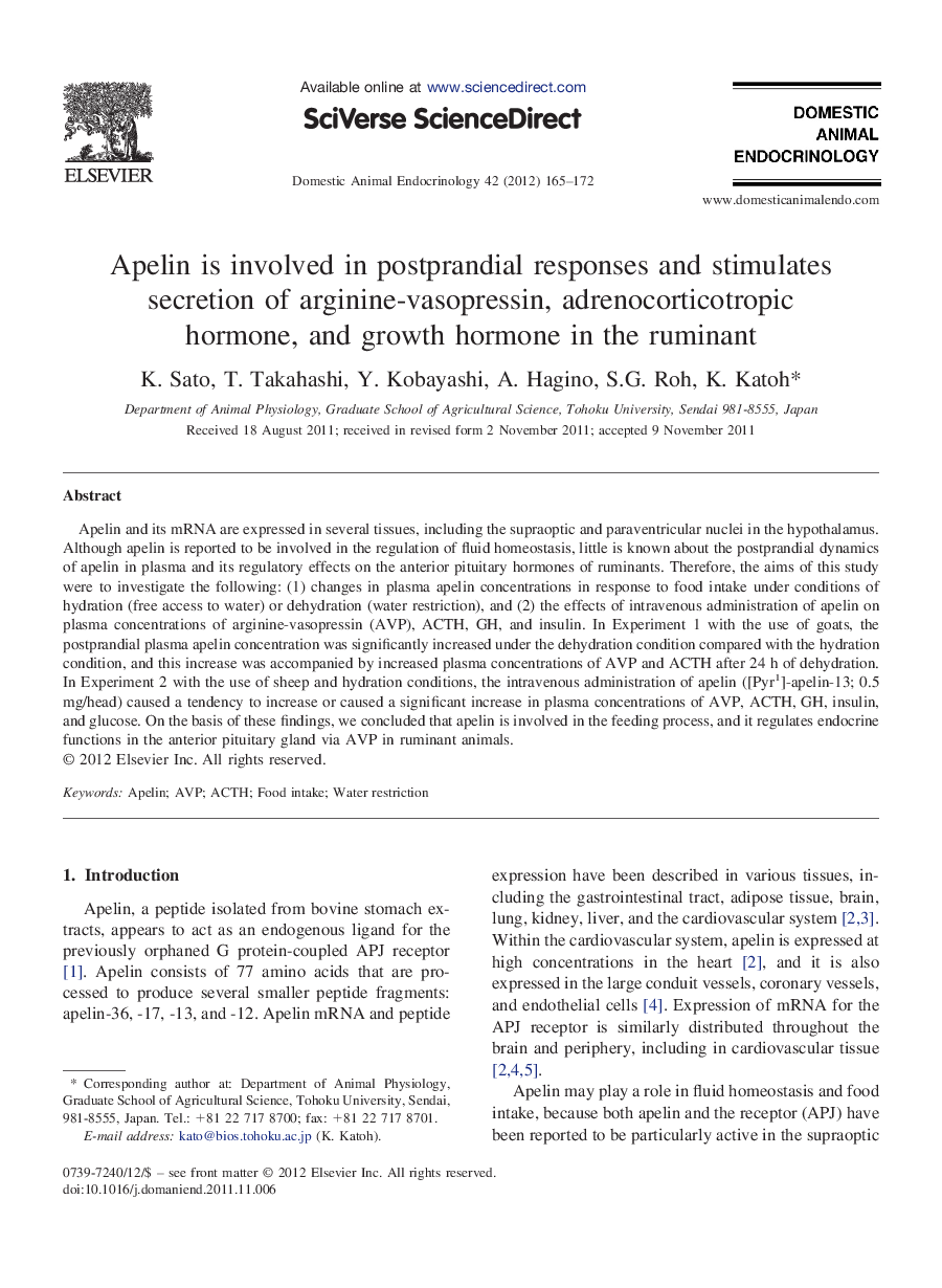 Apelin is involved in postprandial responses and stimulates secretion of arginine-vasopressin, adrenocorticotropic hormone, and growth hormone in the ruminant