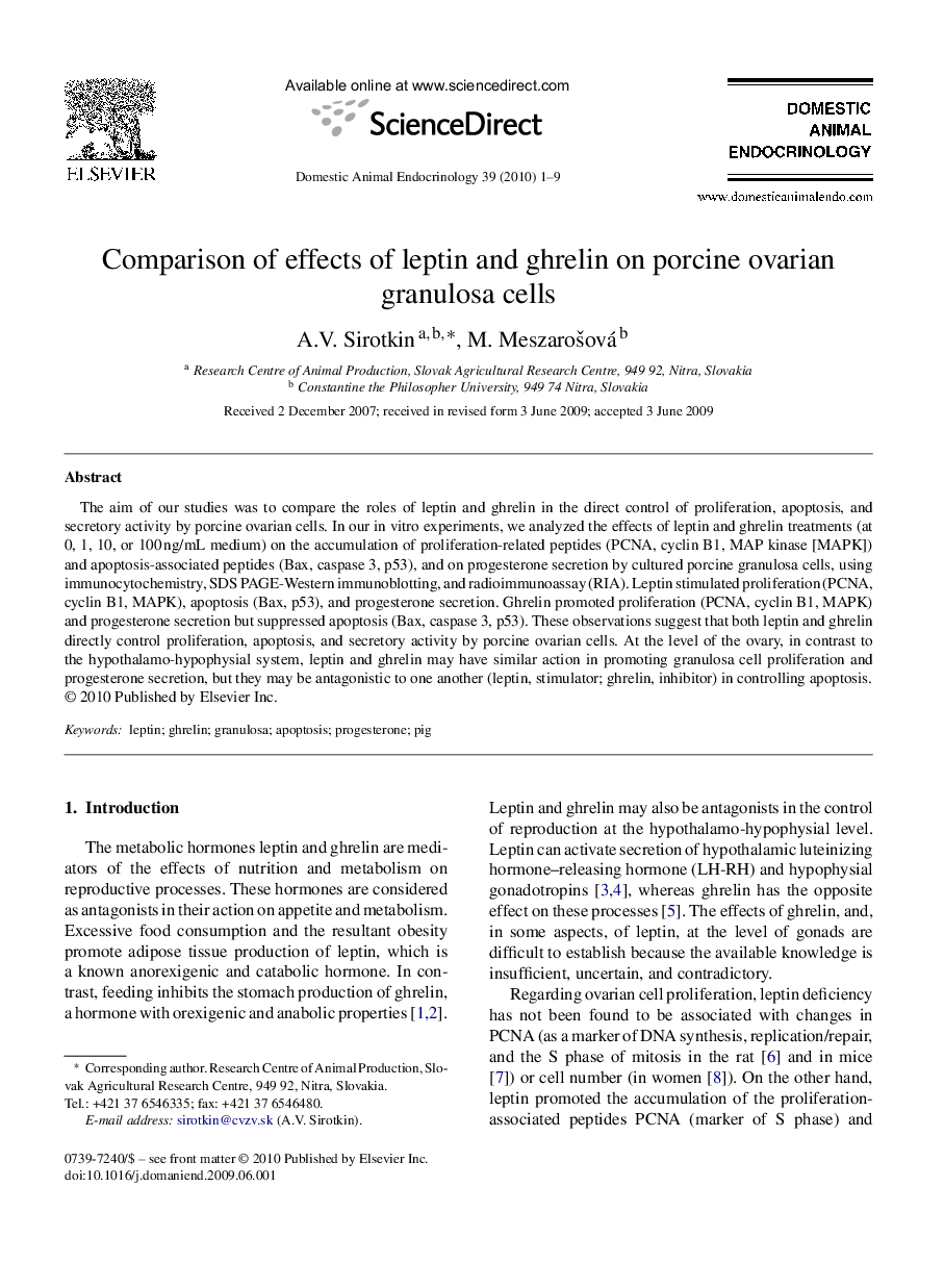 Comparison of effects of leptin and ghrelin on porcine ovarian granulosa cells